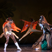 Dancers perform on stage in costume.