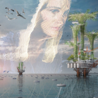 A women's face is super imposed in the sky above the sea.