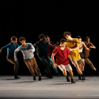 A dance troupe takes a synched step on stage.