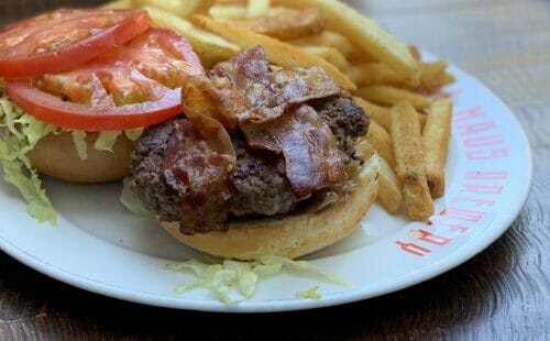 Bacon Burger with gluten free bun at Pedal Haus Brewery