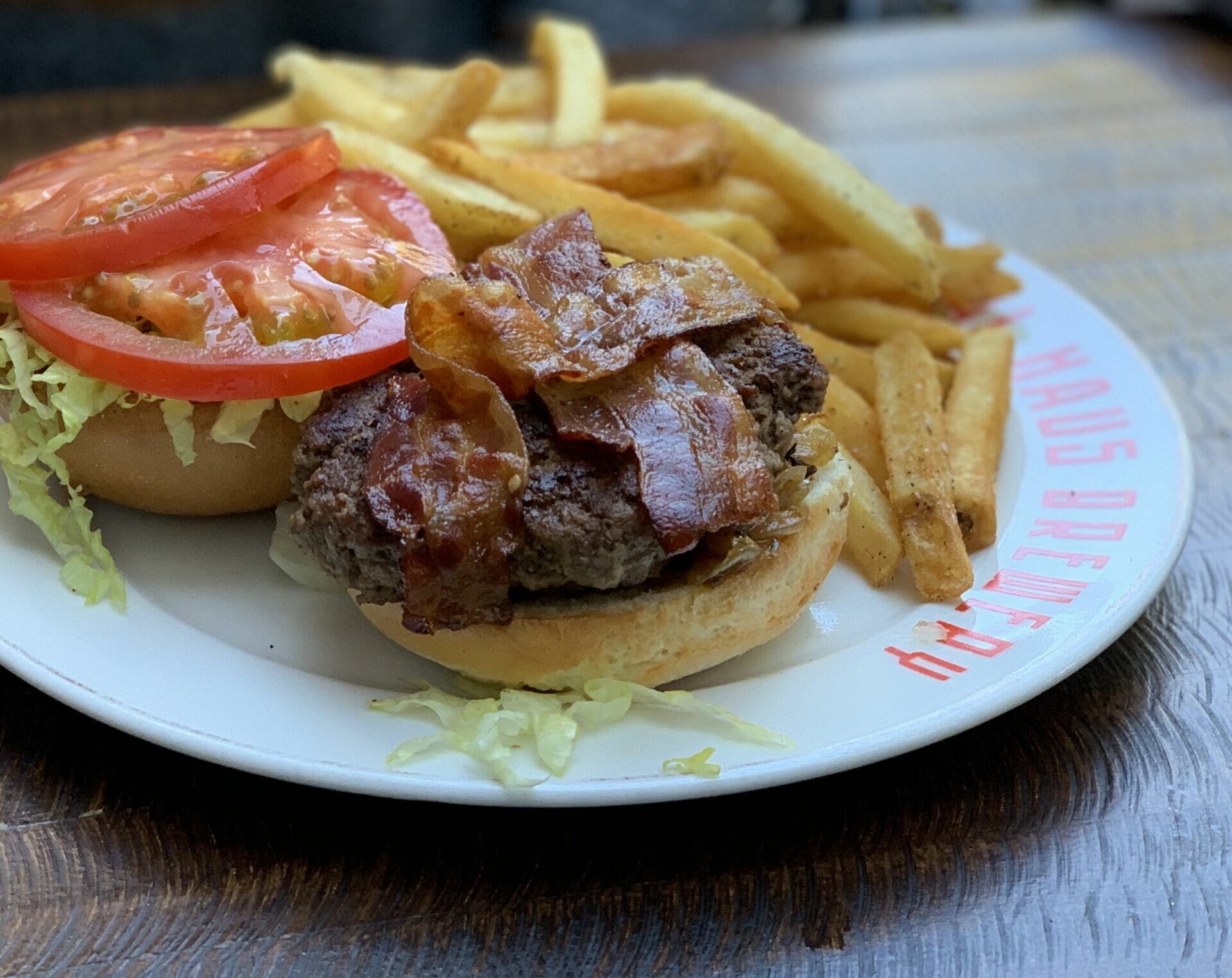 Bacon Burger with gluten free bun at Pedal Haus Brewery