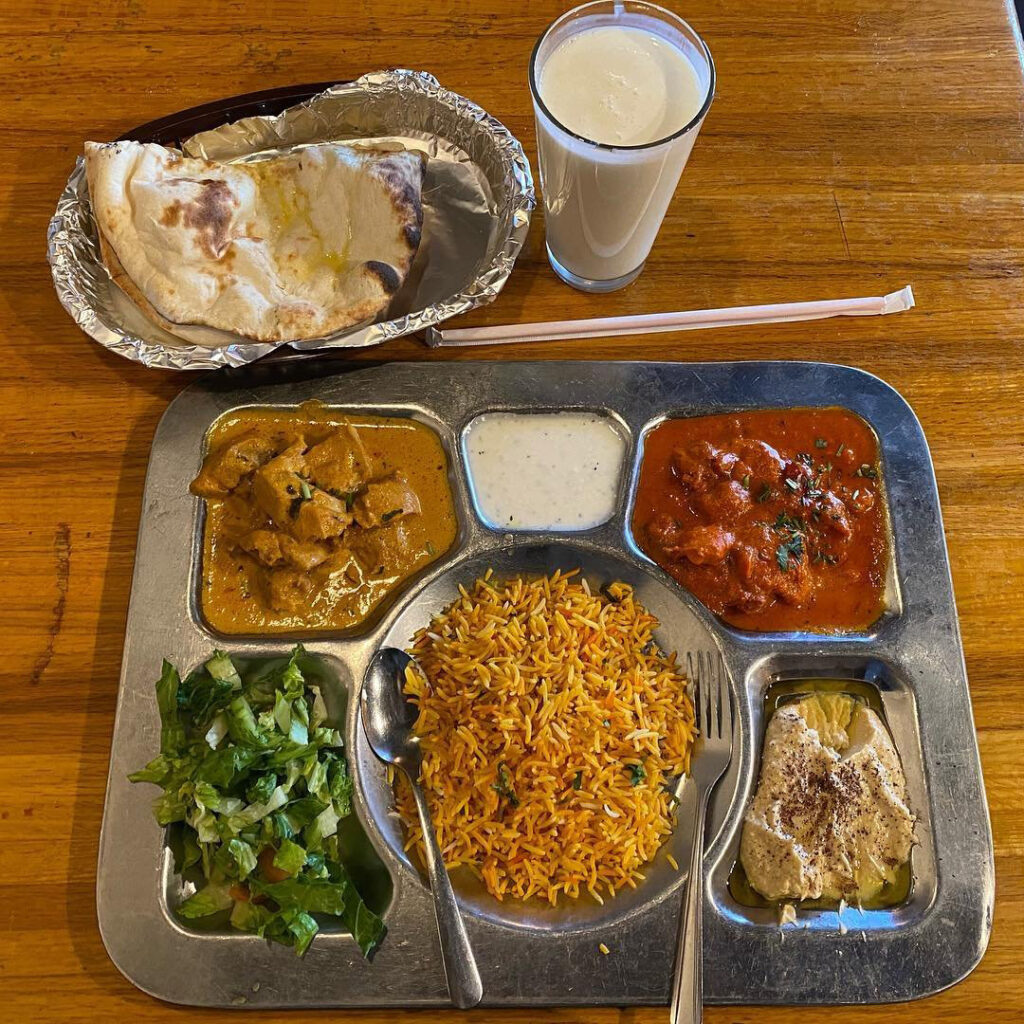 A variety plate of Pakistani specialties at Curry Corner