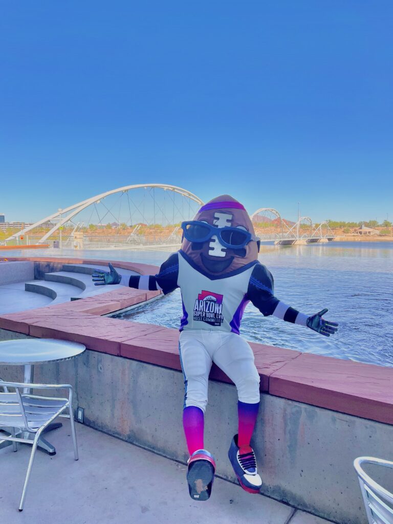 Spike, the Super Bowl LVII official mascot, at Tempe Center for the Arts.
