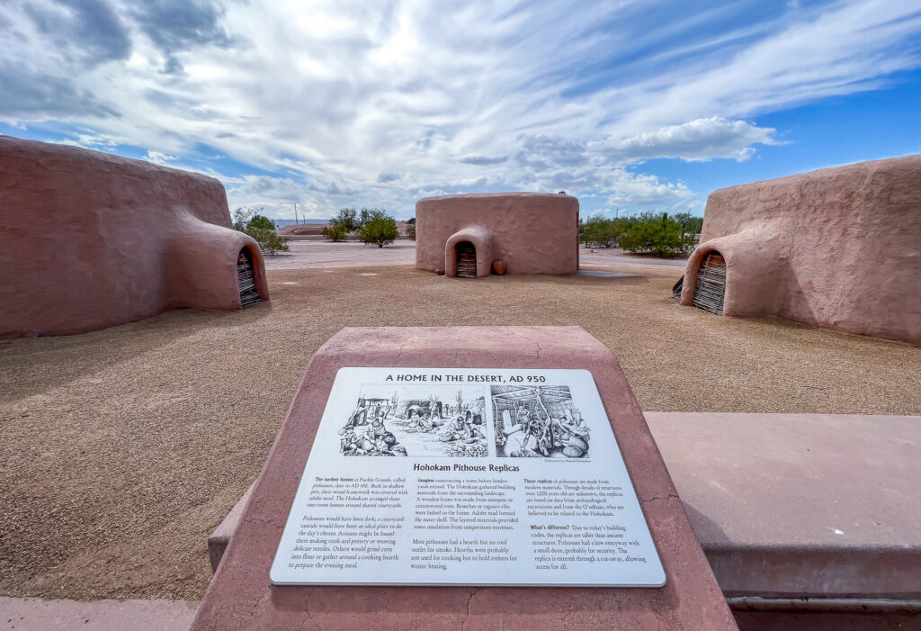 Replicas of Hohokam pithouses on the Pueblo Grande Museum walking trail.