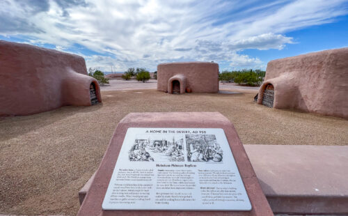 Replicas of Hohokam pithouses on the Pueblo Grande Museum walking trail.