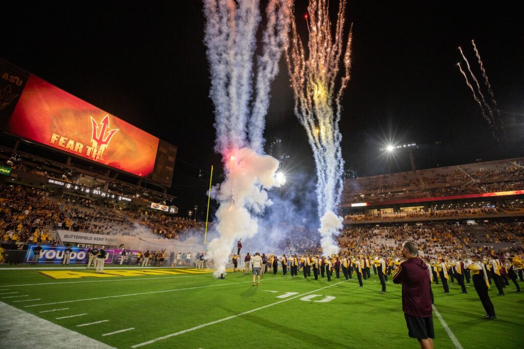 Fireworks shooting up from the Sun Devil Football field
