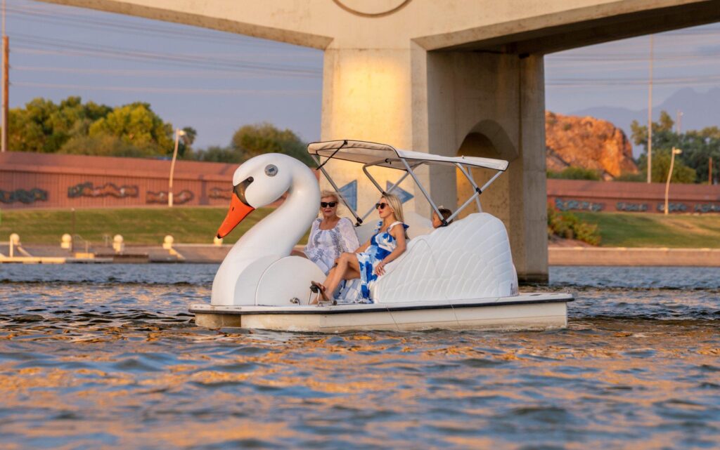 Swan boat at Tempe Town Lake mother daughter