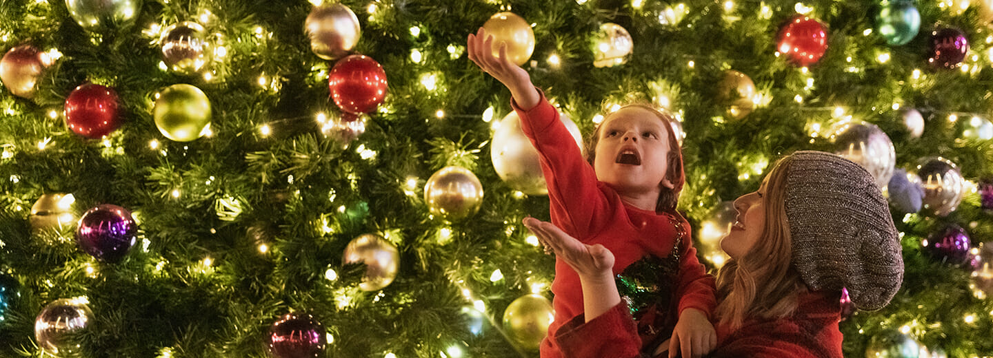 A mother carrying her son up as he holds a Christmas tree bulb