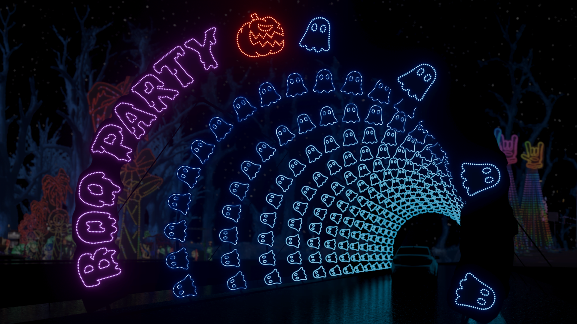 Ghost themed lights for Halloween drive-through experience
