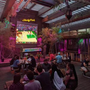 tables filled with customers are sitting on the patio of Shady Park with a projector screen playing a basketball game